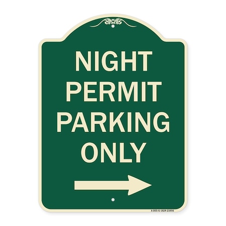 Signmission Night Permit Parking W/ Right Arrow Heavy-Gauge Aluminum Architectural Sign, 24" x 18", G-1824-23856 A-DES-G-1824-23856